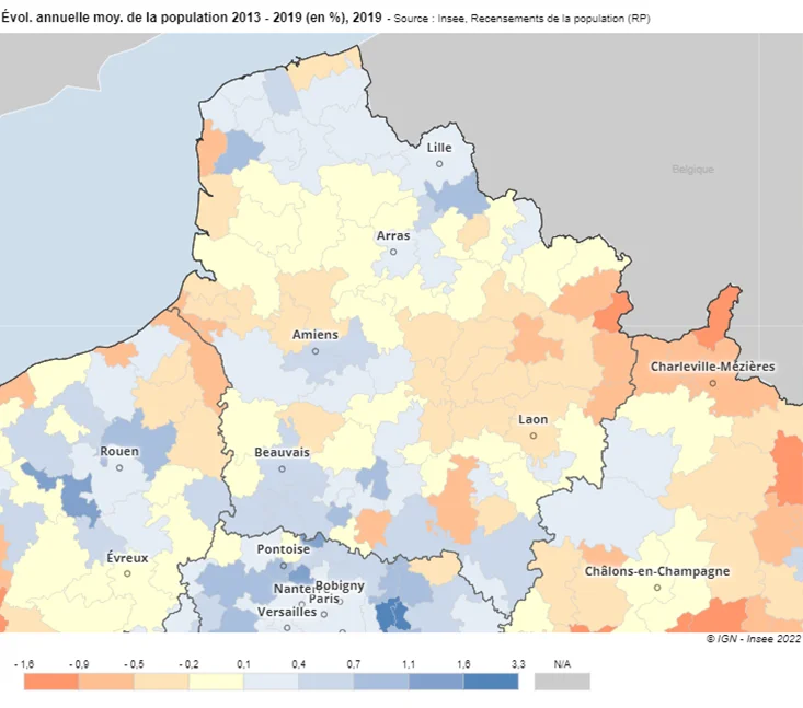 L'évolution démographique dans la région Hauts-de-France entre 2013 et 2019 (source INSEE)