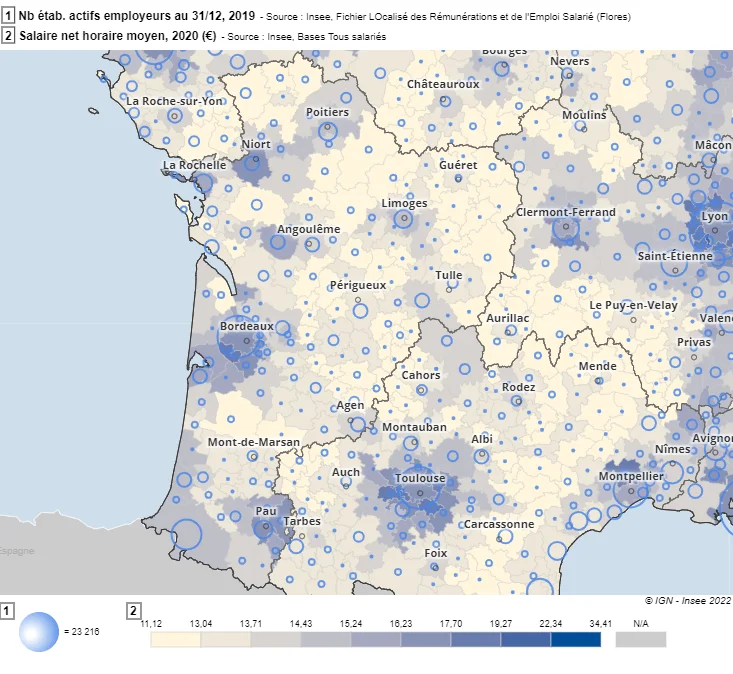 Nombre d'établissements actifs employeurs en 2019 et salaire net horaire moyen en 2020 - région Nouvelle Aquitaine 