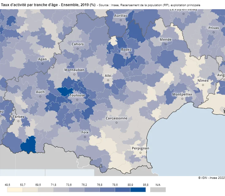 Le taux d'activité (rapport entre le nombre d'actifs (actifs ayant un emploi et chômeurs) et l'ensemble de la population correspondante) en 2019 dans la région Occitanie (source INSEE)